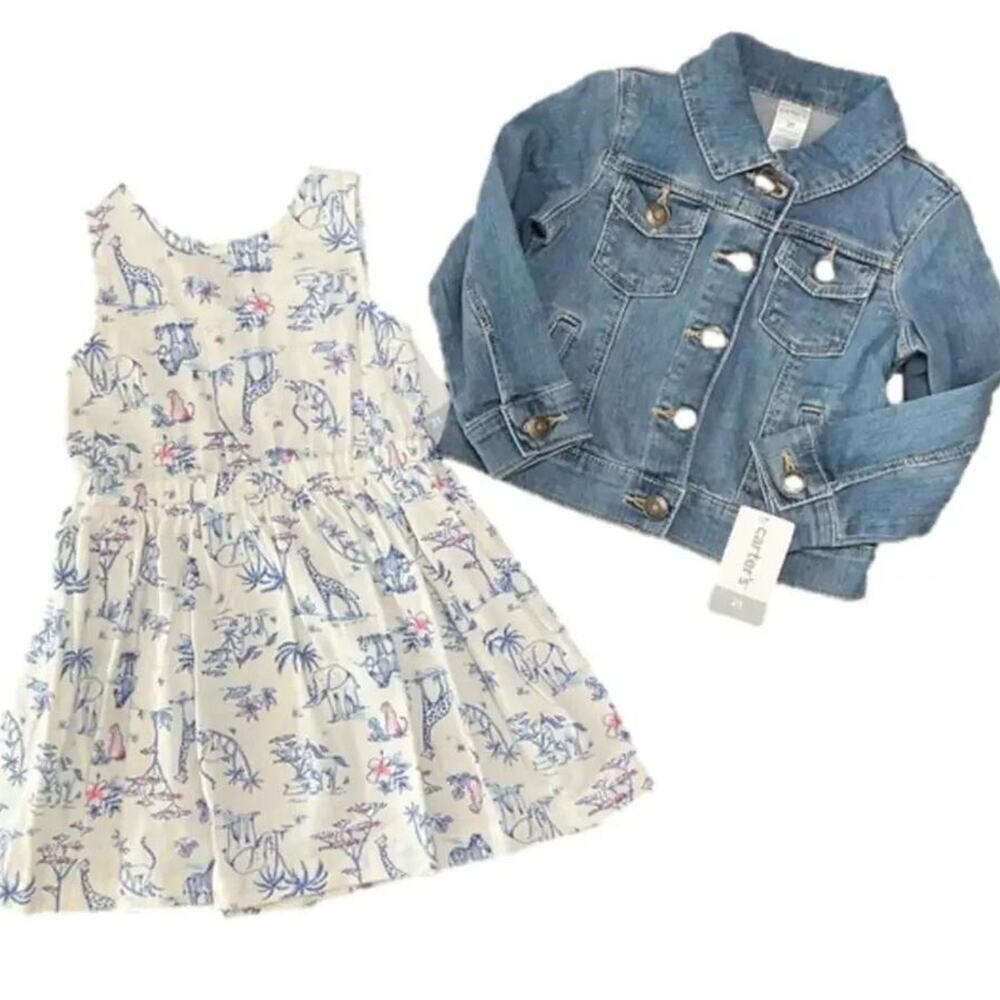 Carter’s Girl's Jean Jacket White Linen Dress Animal Palm Tree 2 Piece 2T NWT